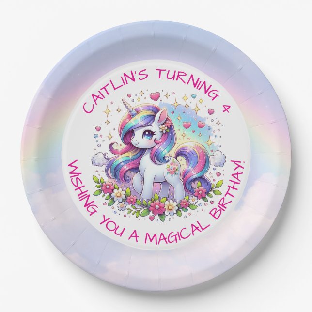 Prato De Papel Rainbow Unicorn Girl's Birthday Party Personalized (Frente)