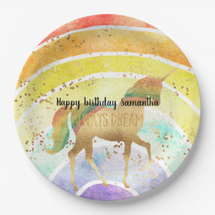 Prato De Papel Rainbow Unicorn sempre sonha com ouro confetti