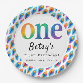 Prato De Papel Rainbow Watercolor 1st Birthday | Colorful Baby