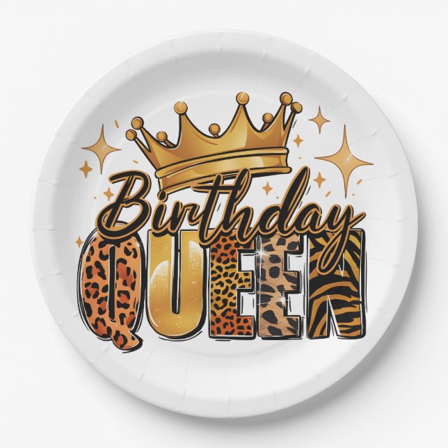Prato De Papel Rainha de Aniversário com Leopardo de Coroa Dourad (Frente)