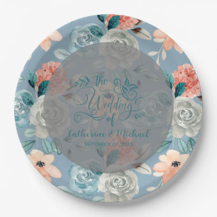 Prato De Papel Raio Floral Azul Dusty   Caligrafia decorativa