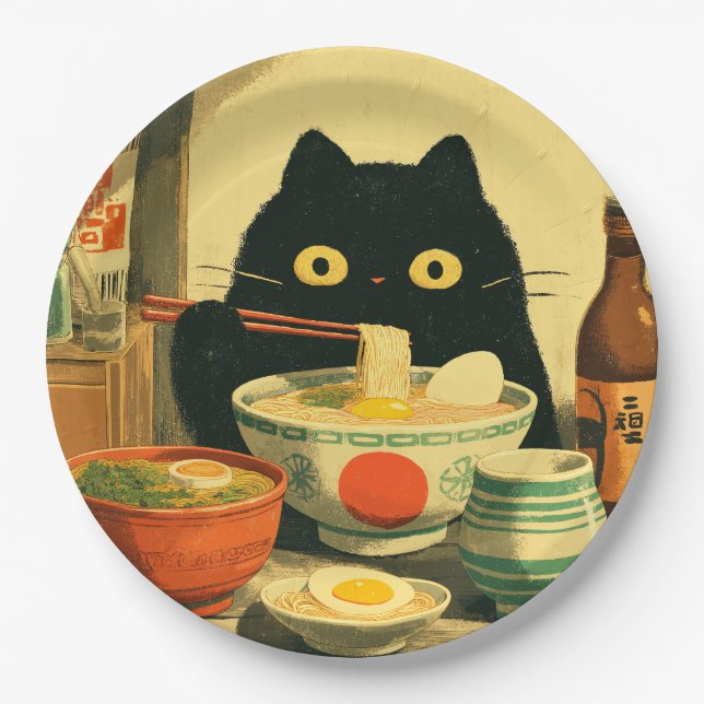 Prato De Papel Ramen Comendo Gato Negro Engraçado (Frente)