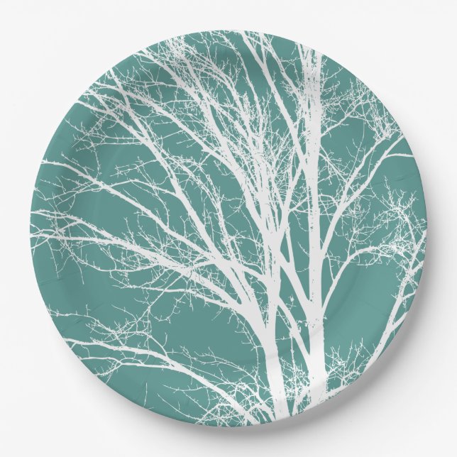 Prato De Papel Ramificações de Árvore Negra Verde Teal (Frente)