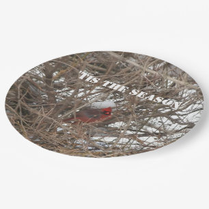 Prato De Papel Ramificações de Neve do Cardeal Vermelho