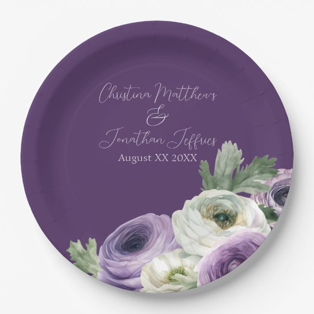 Prato De Papel Ranúnculo Romântico em Aquarela sobre Roxo Escuro (Frente)