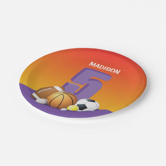 Prato De Papel Rapariga 5 Birthday Sports Balls (Inclinado)