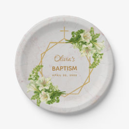 Prato De Papel Rapariga Baptism Floral Lírios Dourados Marble Geo