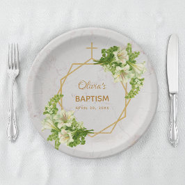 Prato De Papel Rapariga Baptism Floral Lírios Dourados Marble Geo