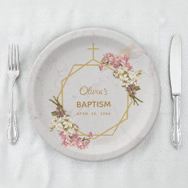 Prato De Papel Rapariga Baptism Orquídeas Florais Douradas Marble