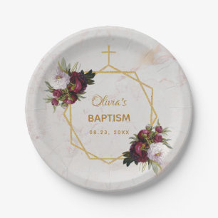 Prato De Papel Rapariga Baptism Peonies Marble Floral Dourado