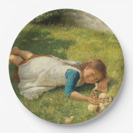 Prato De Papel Rapariga Brincando com Pintinhos (Galinha e Galinh