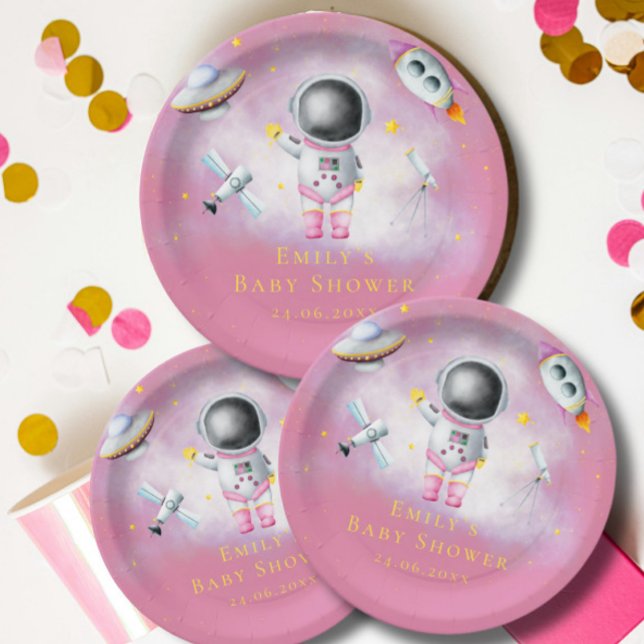 Prato De Papel Rapariga espacial Astronauta faz foguetes com estr (Criador carregado)