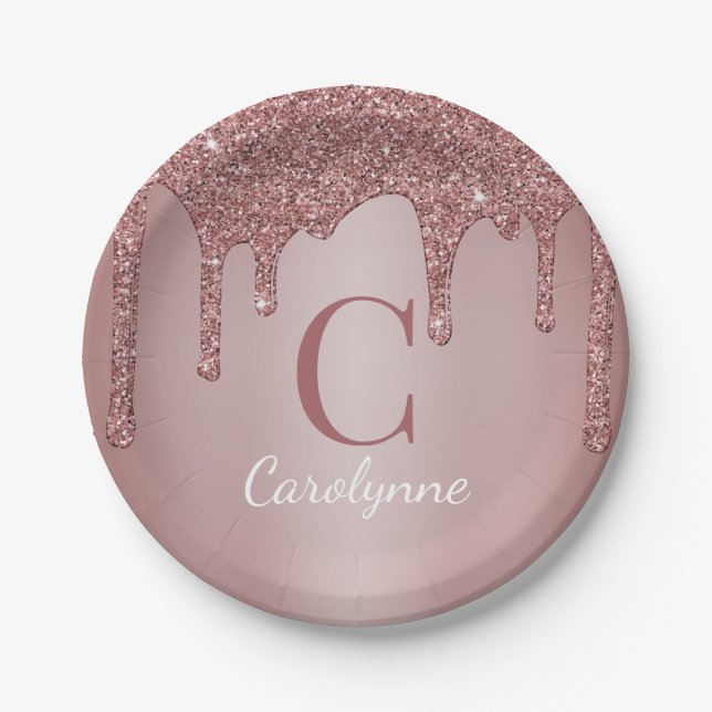 Prato De Papel Rapariga Rosa Dourada Glitter Gota Monograma Anive (Frente)