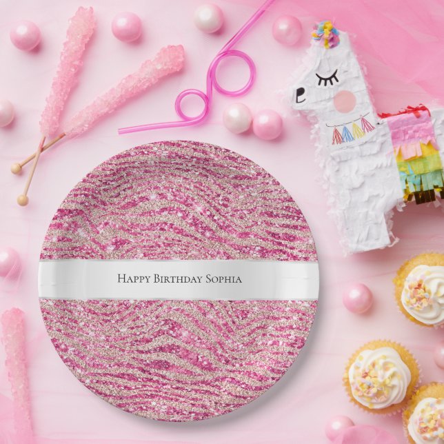 Prato De Papel Rapariga rosa e reluzente Zebra relha (Festa)