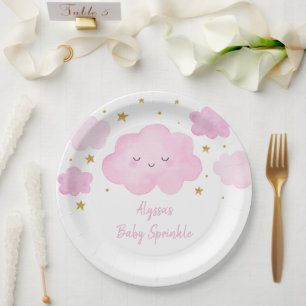 Prato De Papel Rapariga Rosa Nuvem Estrelas Bebê Sprinkle