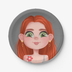 Prato De Papel Rapariga Ruiva De Cartoon Para O Aniversário