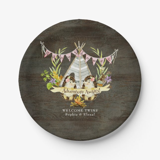 Prato De Papel Raparigas gêmeas Chá de fraldas Hedgehog Adventure (Frente)