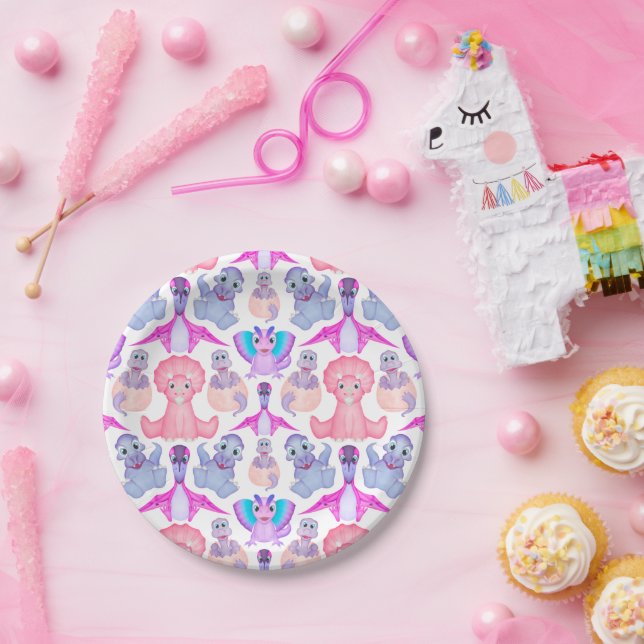 Prato De Papel Raparigas Jurássicas Bonitas Dinossauros Rosa de A (Festa)