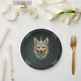 Prato De Papel Raposa mística com olhos vermelhos perfurantes.