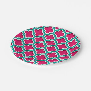 Prato De Papel Raspberry Teal White Quatrefoil Marroquino #5DS