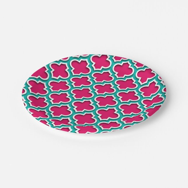 Prato De Papel Raspberry Teal White Quatrefoil Marroquino #5DS (Inclinado)