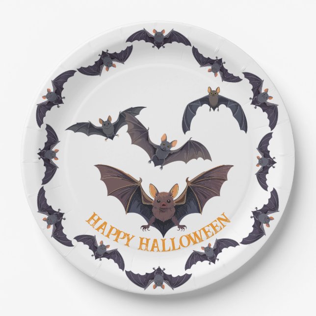 Prato De Papel Rebanho de Morcegos Assustadores de Halloween (Frente)