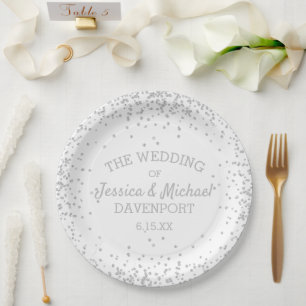 Prato De Papel Recepção de Casamento Branca e Prata Elegante com 