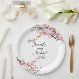 Prato De Papel Recepção de Casamento com Flores de Cerejeira Pers