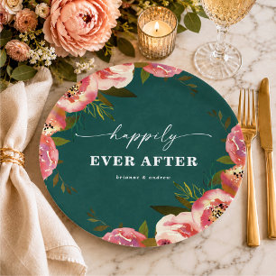 Prato De Papel Recepção de Casamento Floral Verde Turquesa Chic e