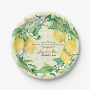 Prato De Papel Recepção de casamento Gingham Lemon Floral Leaf Wr