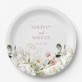 Prato De Papel Recepção de casamento rosa e branca de flores silv