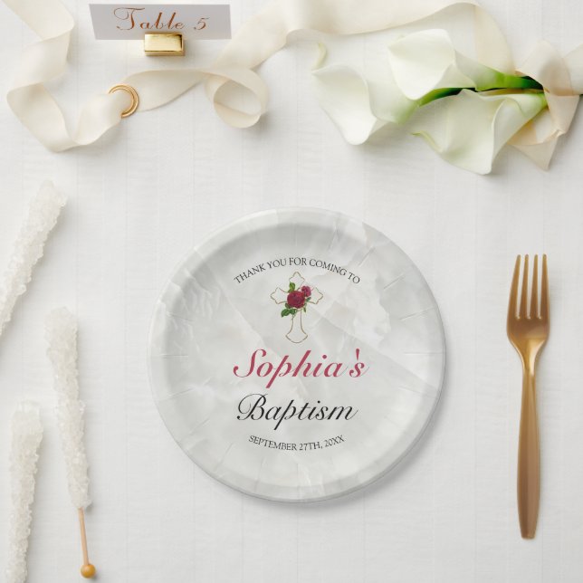 Prato De Papel Recepção Dourada do Batismo Bebês Marble Elegante (Casamento)