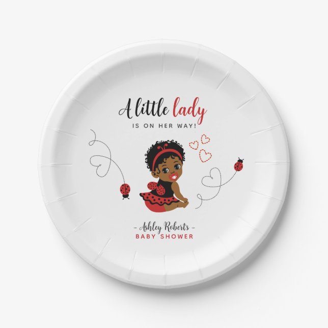Prato De Papel Red and Black African American Ladybug Baby Shower (Frente)