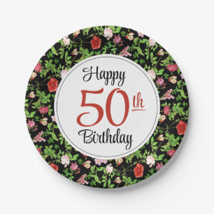 Prato De Papel Red and Black Floral 50th Birthday