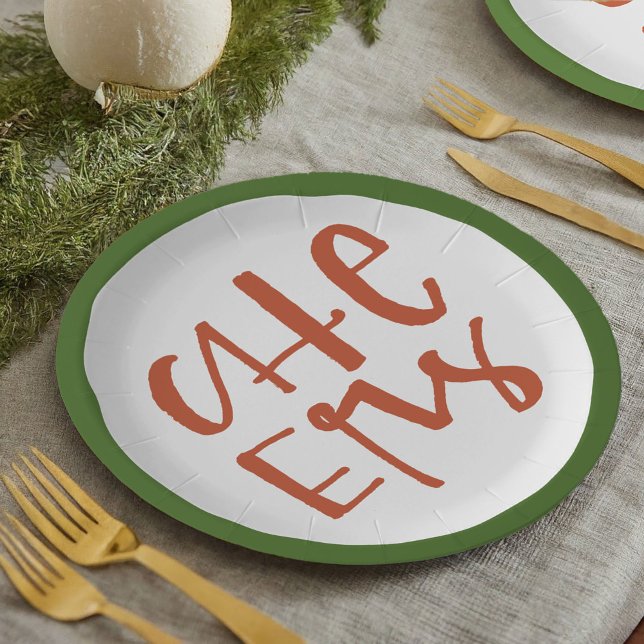 Prato De Papel Red and Green Hand Lettered Chetered Party (Festive red and green holiday party paper plates featuring a hand-lettered CHEERS!)