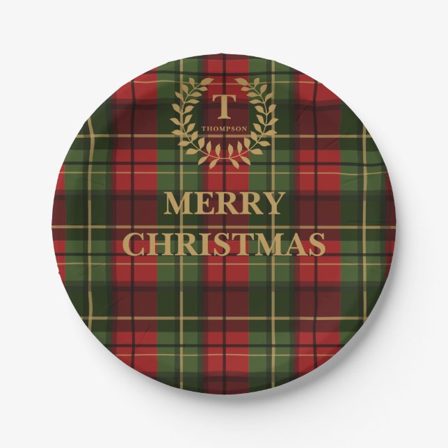 Prato De Papel Red And Green Plaid Family Name Christmas (Frente)