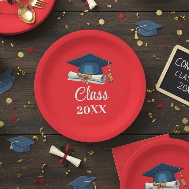 Prato De Papel Red and White Personalized Class Graduation Paper  (Criador carregado)
