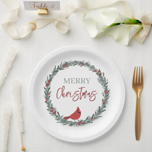 Prato De Papel Red Berries Wreath and Red Cardinal Christmas  (Casamento)