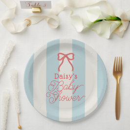 Prato De Papel Red Bow & Blue Stripes Baby Shower