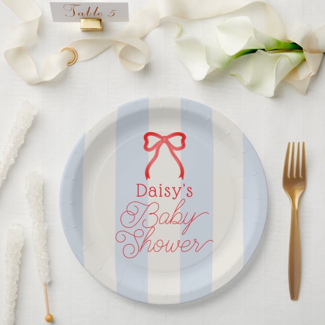 Prato De Papel Red Bow & Pale Blue Stripes Baby Shower (Casamento)