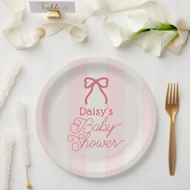 Prato De Papel Red Bow & Pink Stripes Baby Shower (Casamento)