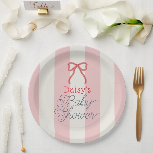 Prato De Papel Red Bow & Pink Stripes Baby Shower (Casamento)