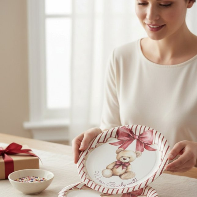 Prato De Papel Red Bow Teddy Bear Baby Shower Plates (Criador carregado)