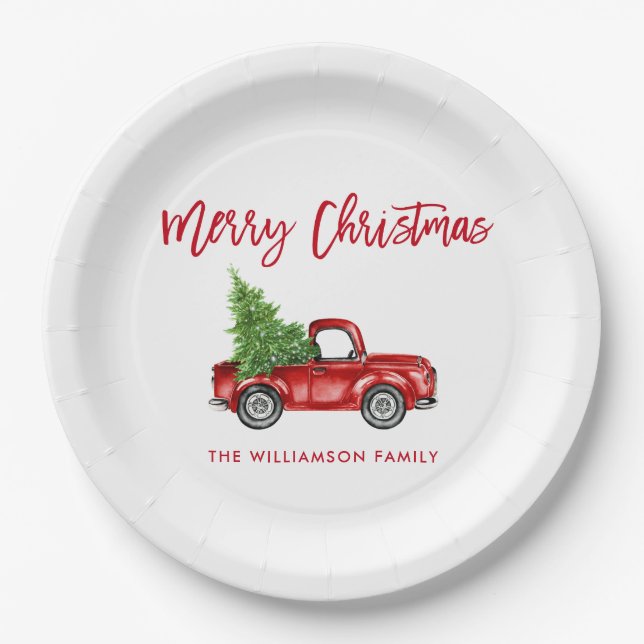Prato De Papel Red Brussel Script Vintage Red Truck Natal (Frente)