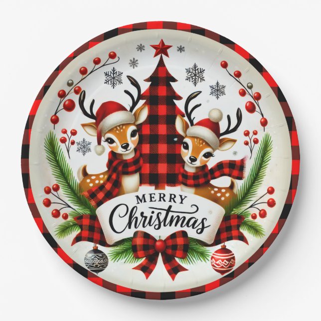 Prato De Papel Red Buffalo Plaid Christmas (Frente)