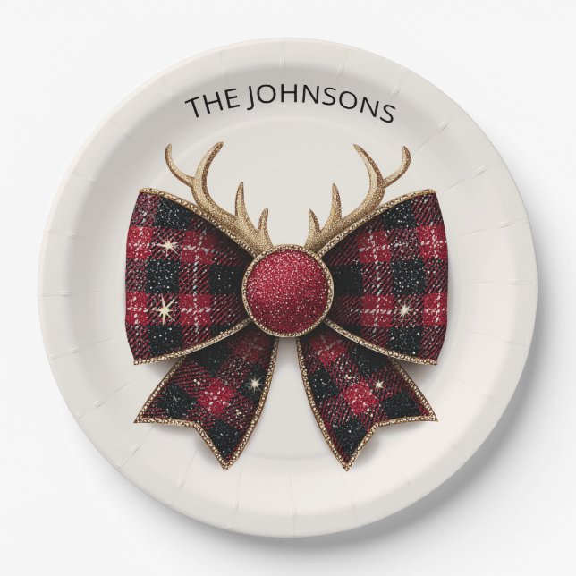Prato De Papel Red Buffalo Plaid Christmas Bow Paper Plates (Frente)