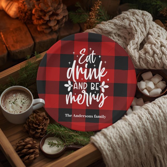 Prato De Papel Red Buffalo Plaid “Eat, Drink & Be Merry”  (Criador carregado)