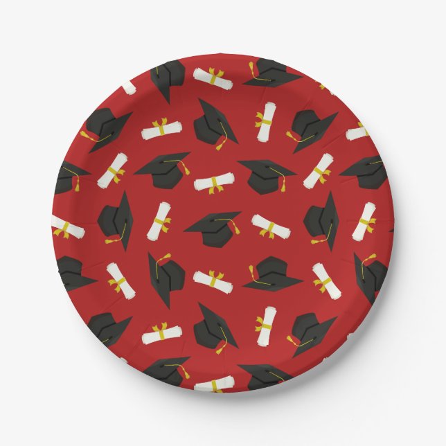 Prato De Papel Red Caps Diplomas Pattern Graduation Party (Frente)