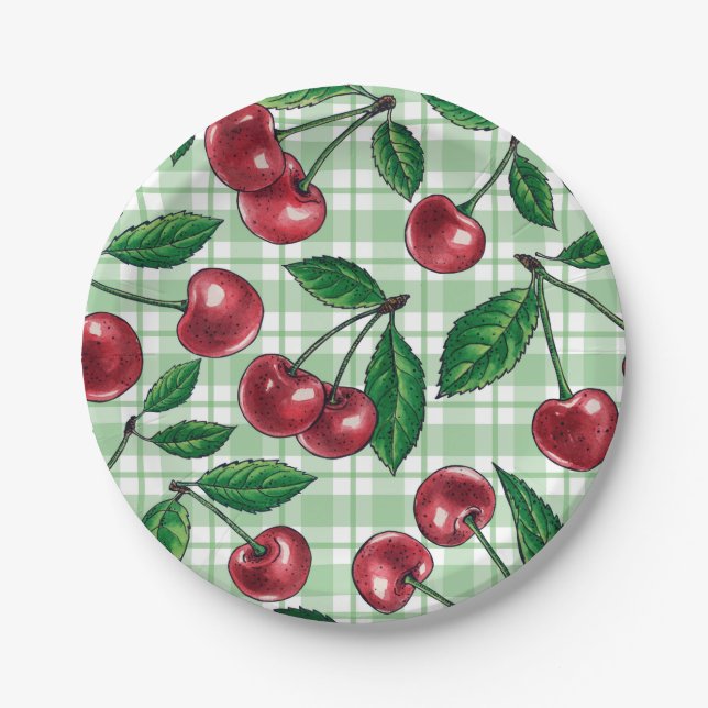 Prato De Papel Red cherries on light green gingham (Frente)