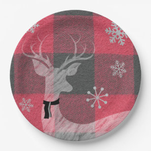 Prato De Papel Red & Cinza Xadrez de Buffalo Deer Snowflake